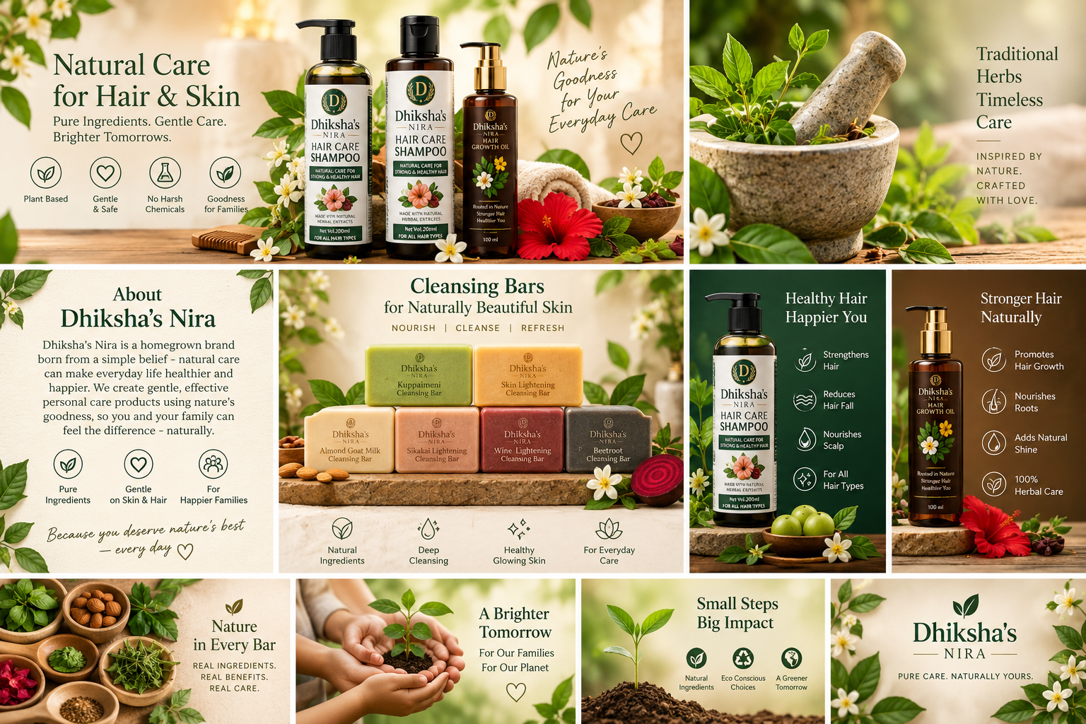 Dhiksha's NIRA full product range — shampoo, hair oil, and cleansing bars